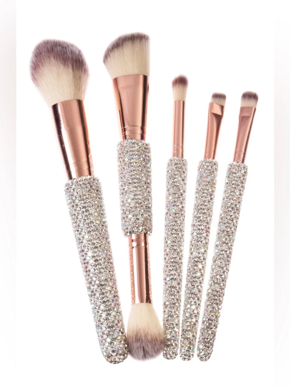 Bling Bling AB Silver Rhinestone Handle Rose Gold 5-Piece Makeup Brush Set